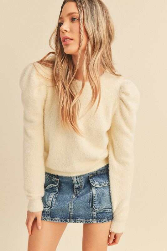 Fuzzy Knit Puff Sleeve Sweater Ivory