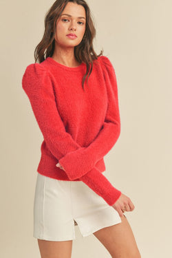 Fuzzy Knit Puff Sleeve Sweater Red