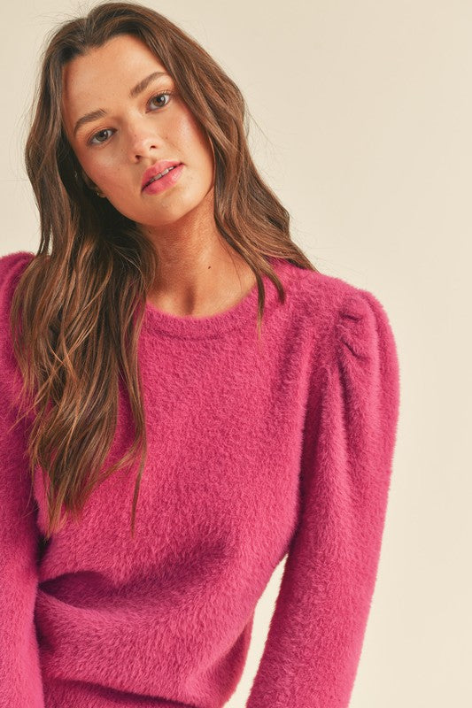 Fuzzy Knit Puff Sleeve Sweater Berry