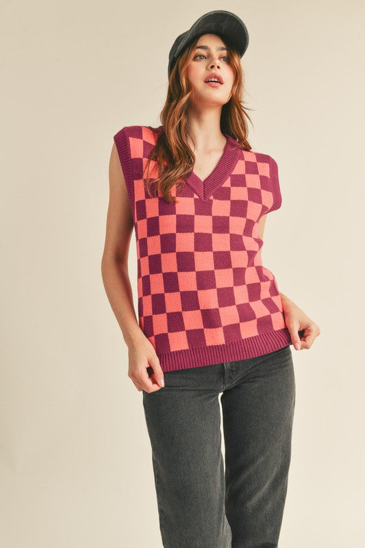 Oversized Checkered Sweater Vest Plum Pink