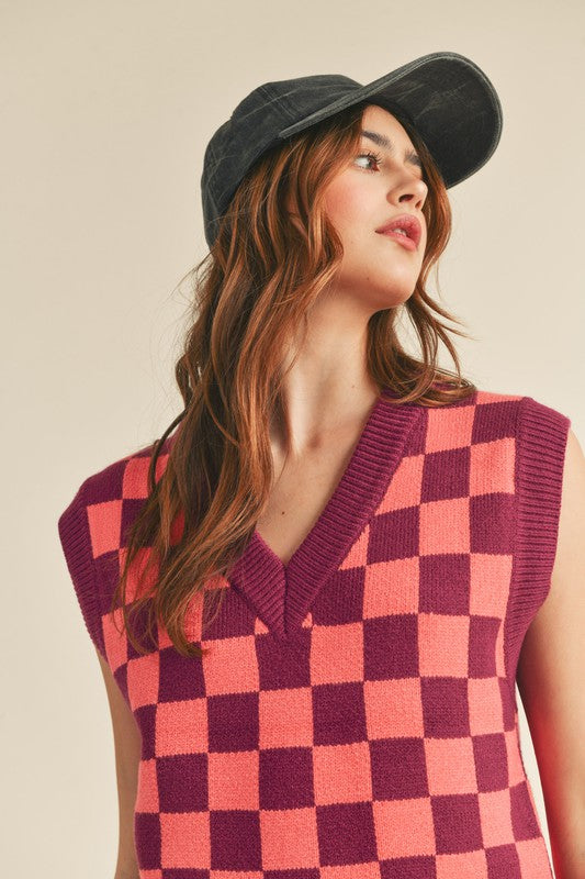 Oversized Checkered Sweater Vest Plum Pink