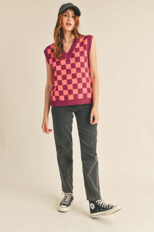 Oversized Checkered Sweater Vest Plum Pink