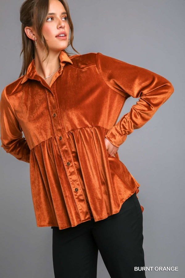 Velvet Collar Button Down Tunic Top Burnt Orange