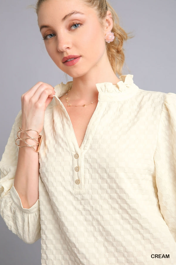 Texture Fabric V-Notched Ruffle Top Cream