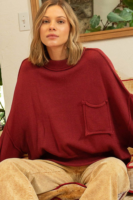 Balloon Sleeve Hacci Pullover Sweater Red