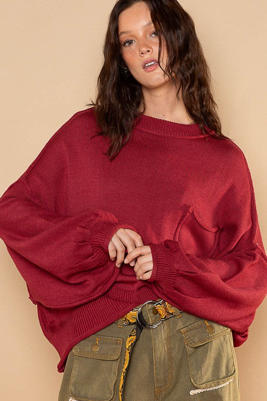 Balloon Sleeve Hacci Pullover Sweater Red