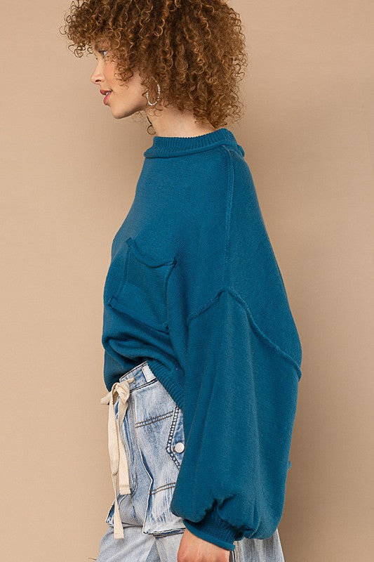 Balloon Sleeve Hacci Pullover Sweater Blue