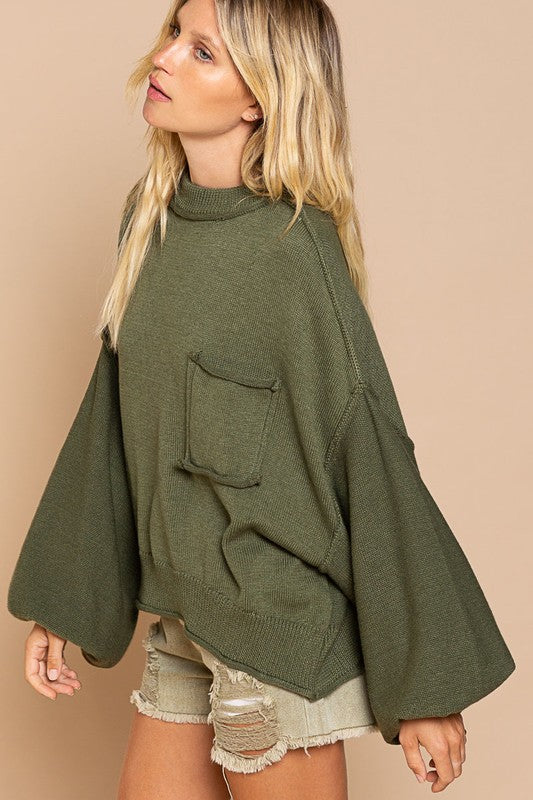 Balloon Sleeve Hacci Pullover Sweater Herb