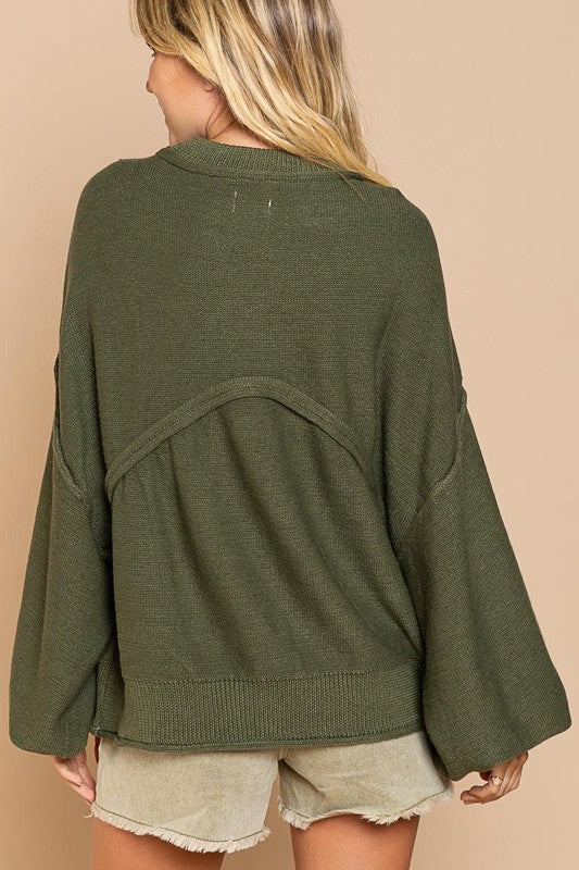 Balloon Sleeve Hacci Pullover Sweater Herb