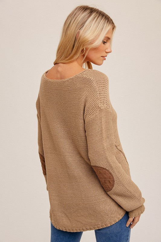 V-Neck Elbow Patch Sweater Top Khaki