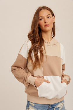 Color Block Pullover Hoodie Top Taupe