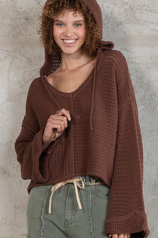 V-neck Hooded Sweater Top Chocolate