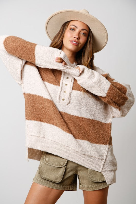 Striped Button Down Sweater Cream/Brown