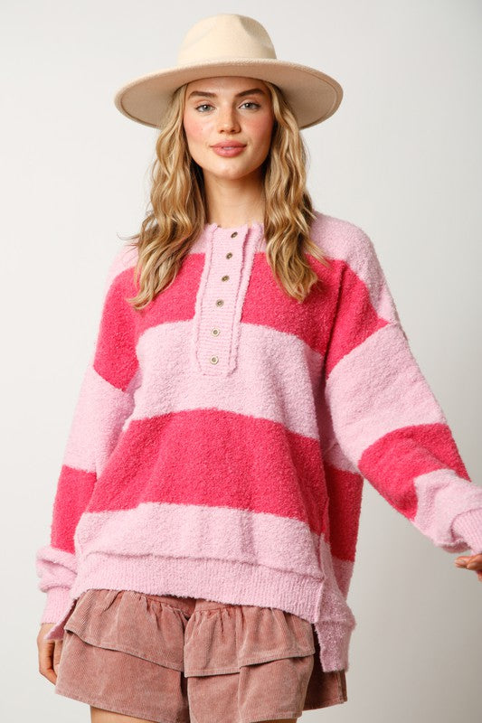 Striped Button Down Sweater Pink/Fuchsia