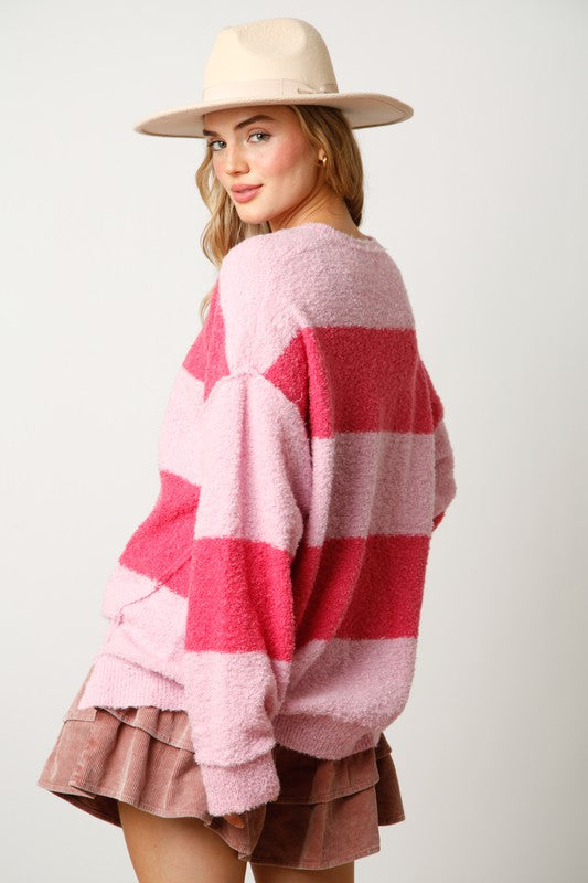 Striped Button Down Sweater Pink/Fuchsia