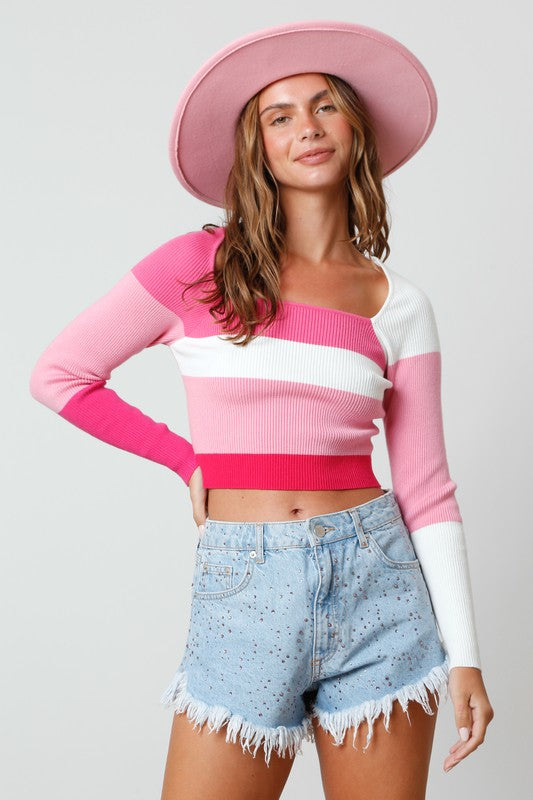 Color Block Ribbed Crop Sweater Pink/Fuchsia