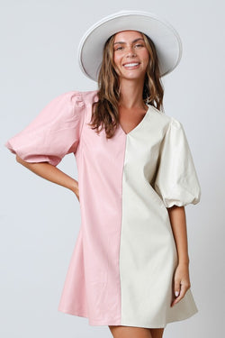 Color Block Faux Leather Dress Ivory/Pink - Southern Fashion