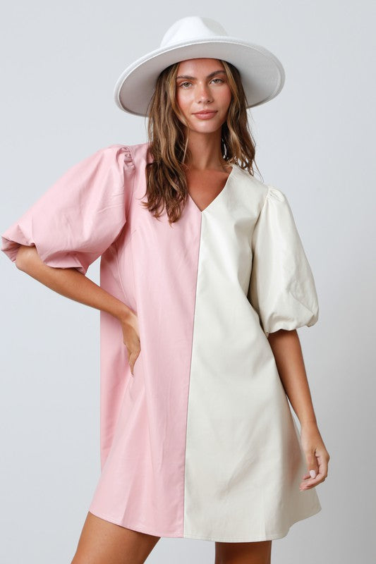 Color Block Faux Leather Dress Ivory/Pink