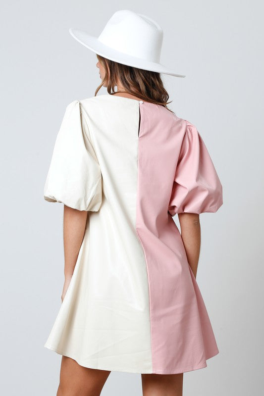 Color Block Faux Leather Dress Ivory/Pink