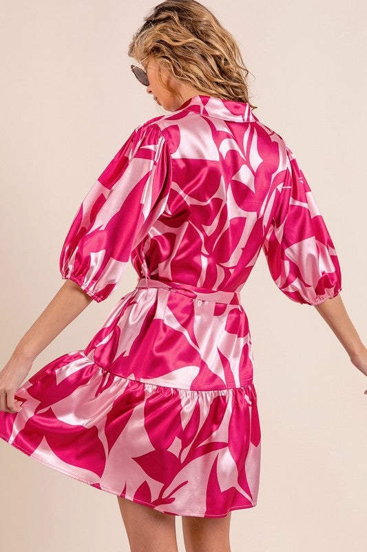 collared satin dress Leaf Pattern Collared Satin Dress Fuchsia