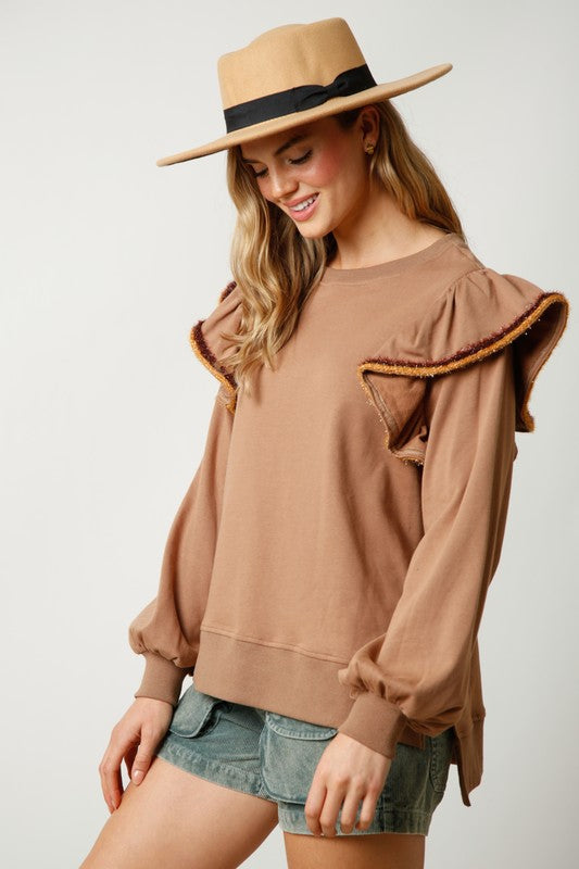 French Terry Ruffled Shoulder Top Camel