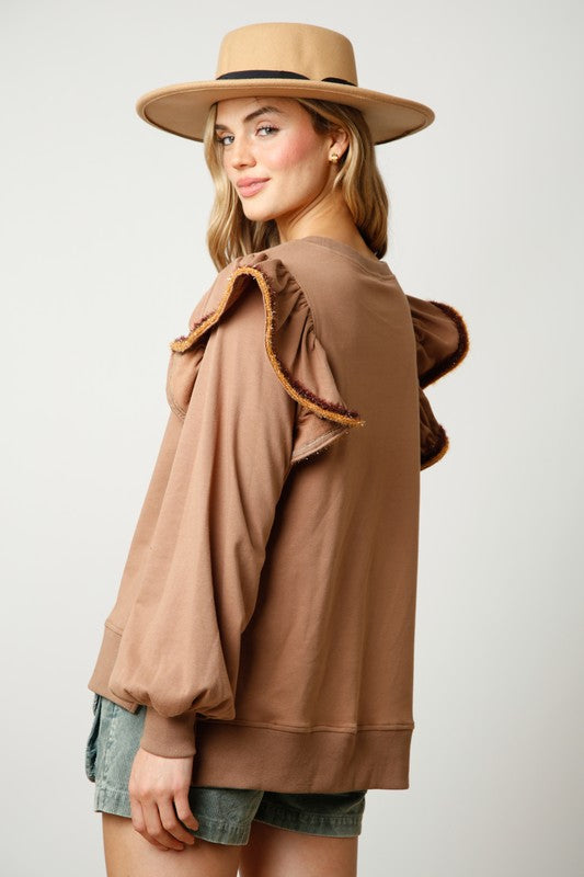 French Terry Ruffled Shoulder Top Camel