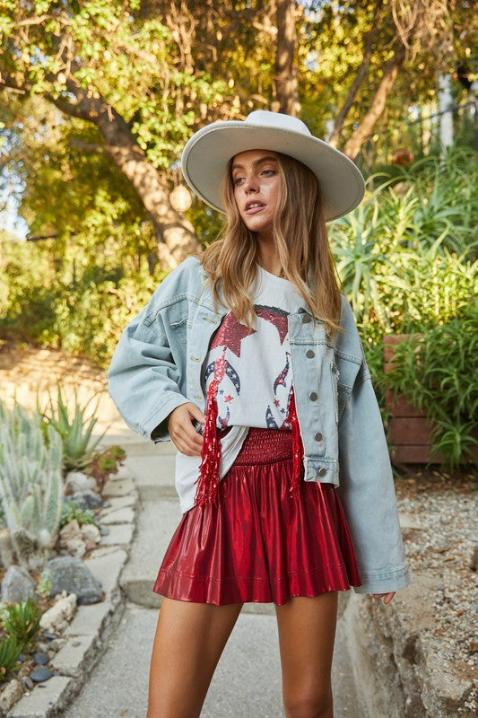 Smocked Waist Metallic Shorts Red