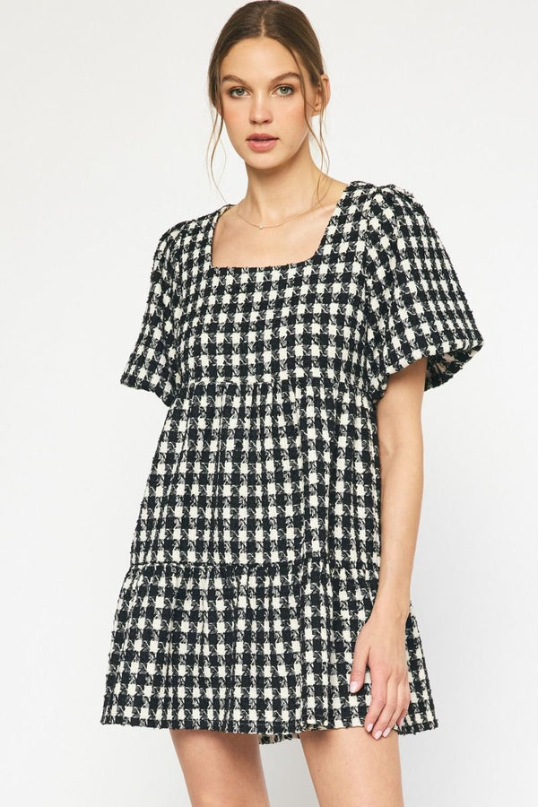 Houndstooth Puff Sleeve Dress Hunter Black