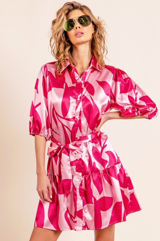 pink leaf dress Pleated Locust Leaf Dress with Asymentrical Hemline