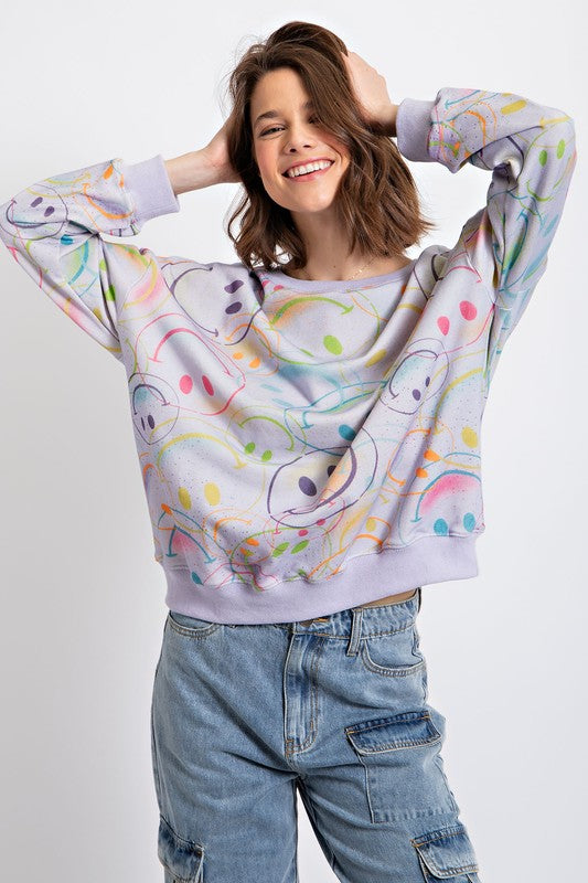 Smiley Happy Face Washed Terry Top Lilac