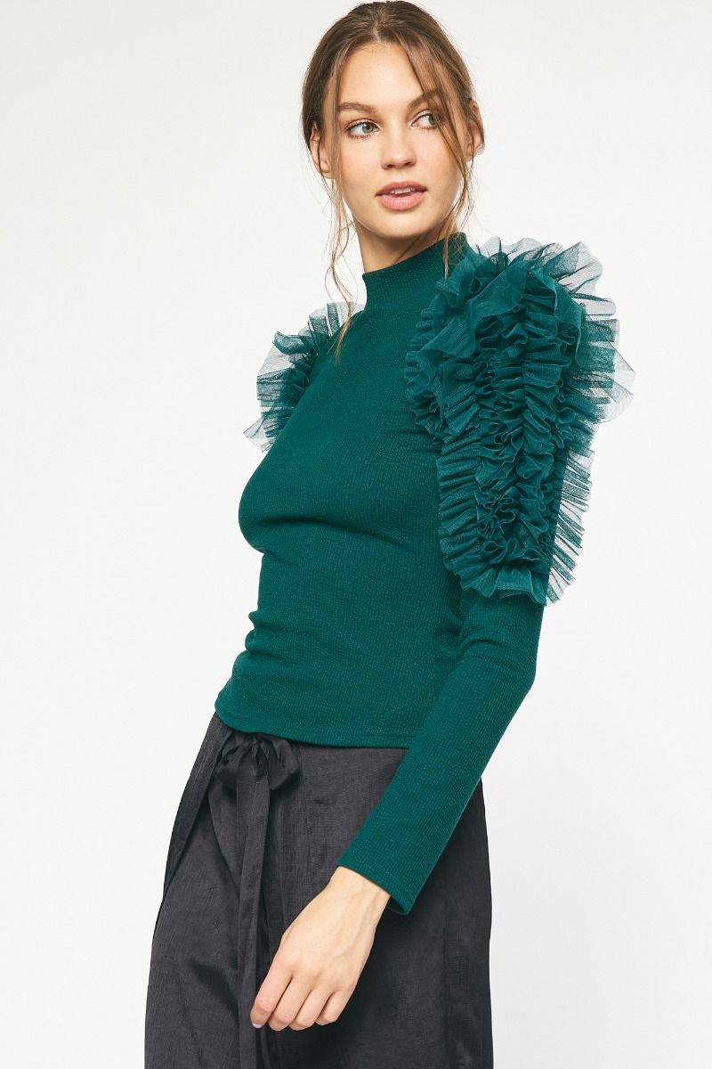 Green Ruff Top Mock Neck Ruffle Detail Sleeve Top Green - Southern Fashion Boutique Bliss