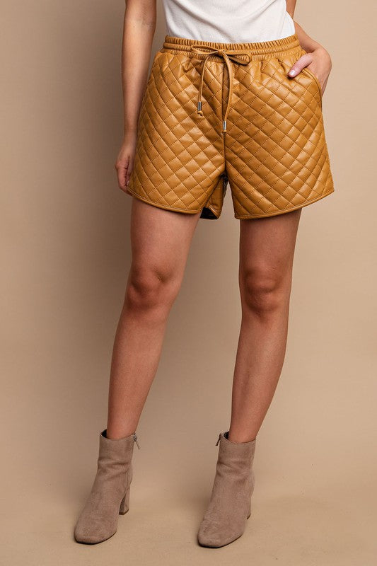 Quilted PU Leather Shorts Camel