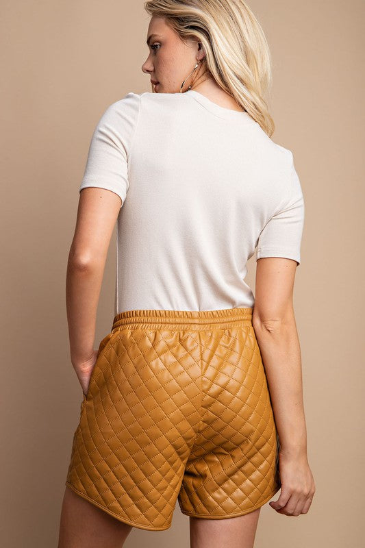 Quilted PU Leather Shorts Camel