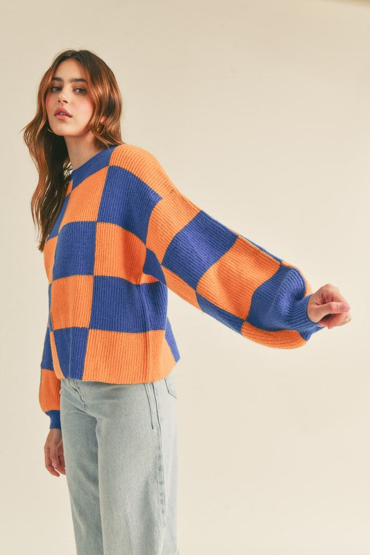 Checkered Pullover Sweater Cobalt Blue Papaya