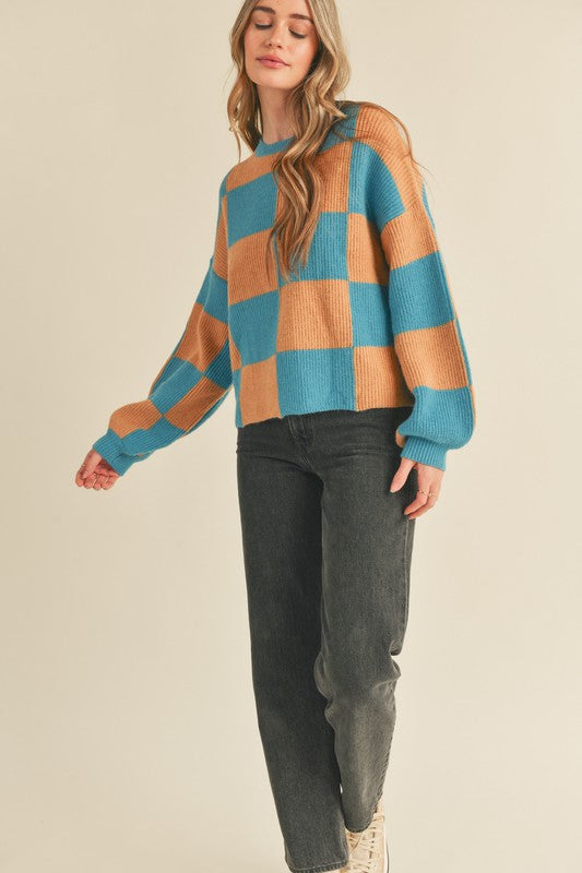 Checkered Pullover Sweater Teal Blue Taupe
