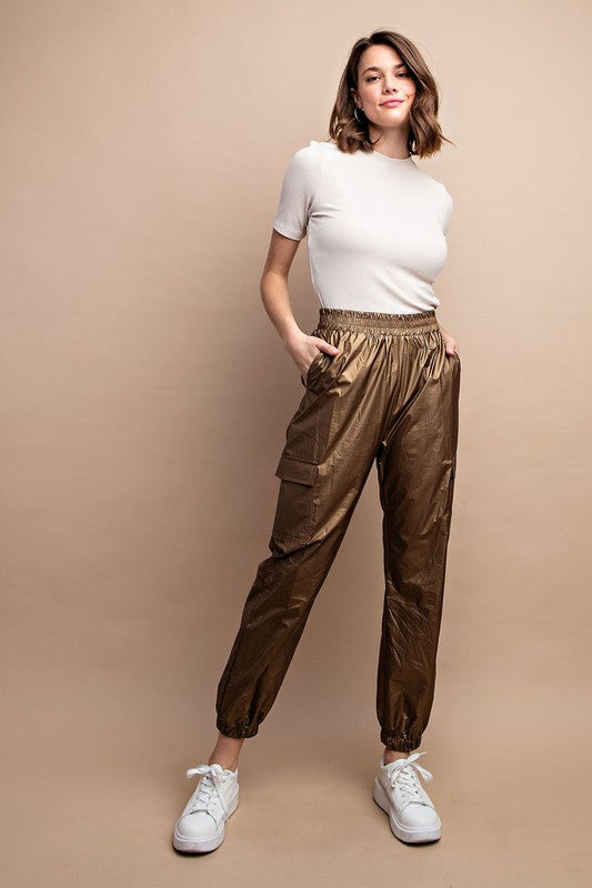 Metallic Elastic Waist Cargo Pants Copper - Southern Fashion