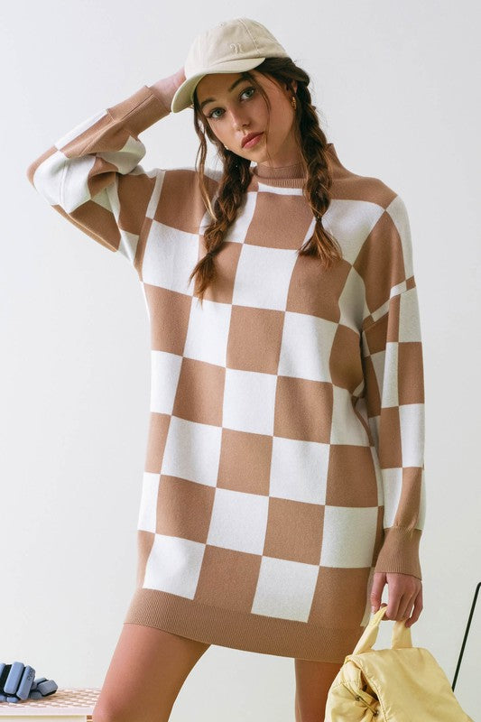 Checkered Mock Neck Sweater Dress Taupe