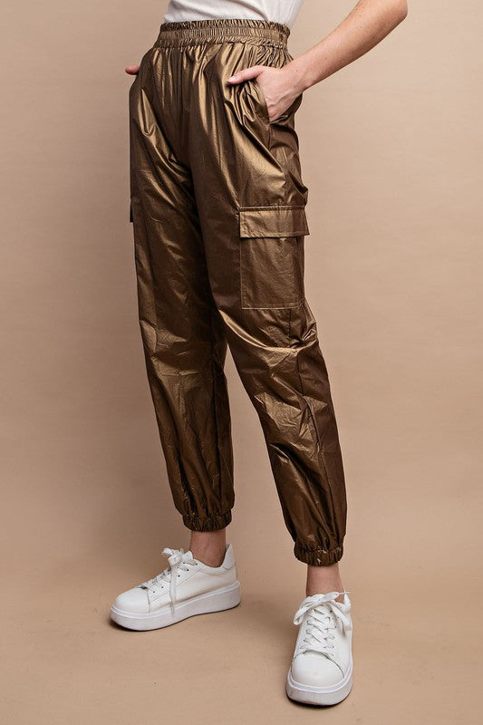 Metallic Elastic Waist Cargo Pants Copper - Southern Fashion
