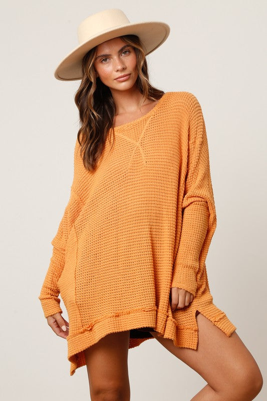 Loose Fit Banded Hem Side Slit Top Mustard