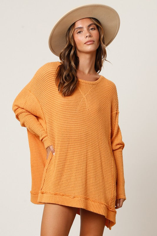 Loose Fit Banded Hem Side Slit Top Mustard