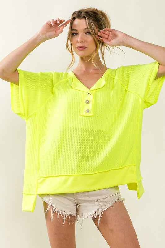 Waffle Knit Uneven Hem Top Neon Yellow