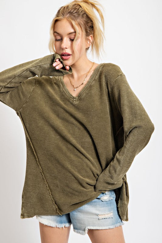 Textured Thermal V-Neck Top Olive