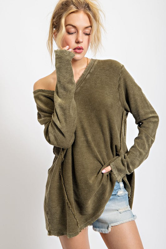 Textured Thermal V-Neck Top Olive