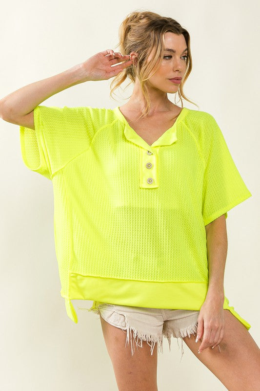 Waffle Knit Uneven Hem Top Neon Yellow