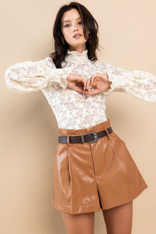 Leaf Patterned Lace Mesh Blouse Top Cream