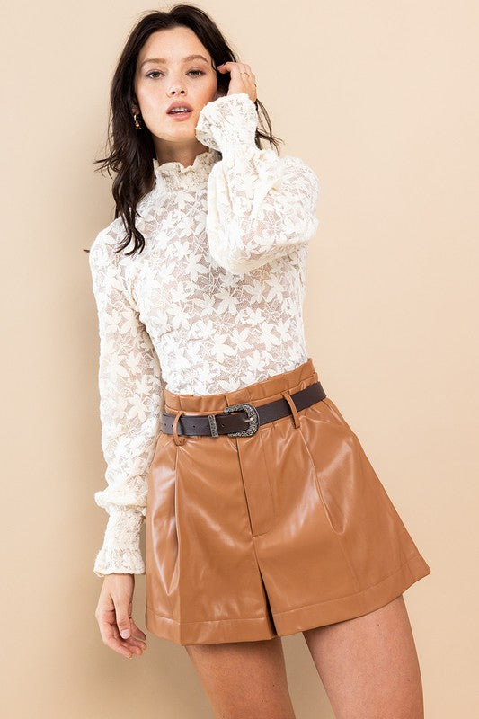 Leaf Patterned Lace Mesh Blouse Top Cream