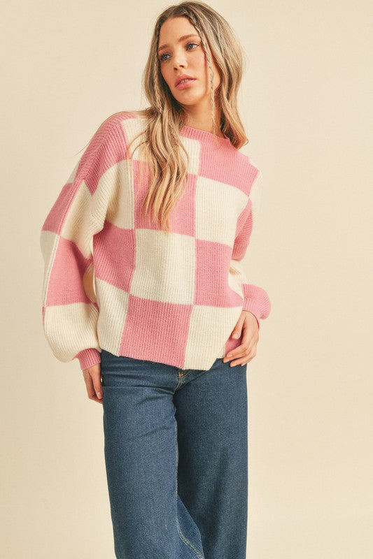 Oversized Checkerboard Pullover Cool Pink