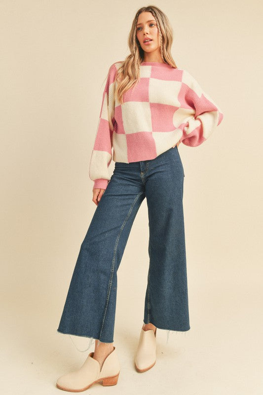 Oversized Checkerboard Pullover Cool Pink