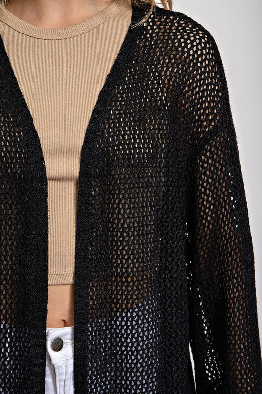 Mesh Open Front Long Cardigan Black