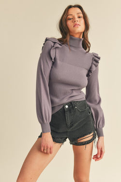 Shoulder Ruffle Turtleneck Sweater Grape